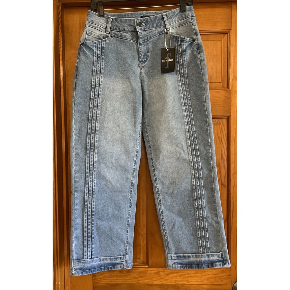 Flamingals Women's Light Wash Jeans Wide Leg Detailed Seams Sz Medium